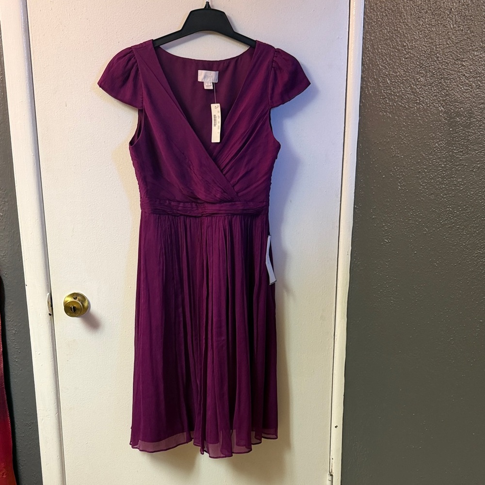 NWT J. Crew Silk Special Occasions Deep Plum V-Neck Chiffon Midi Dress
